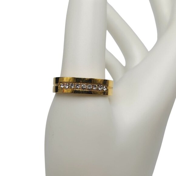 Gold Stainless Steel Band Ring W/ Clear Rhinestone Inlay Size 12 Vintage - Picture 1 of 5